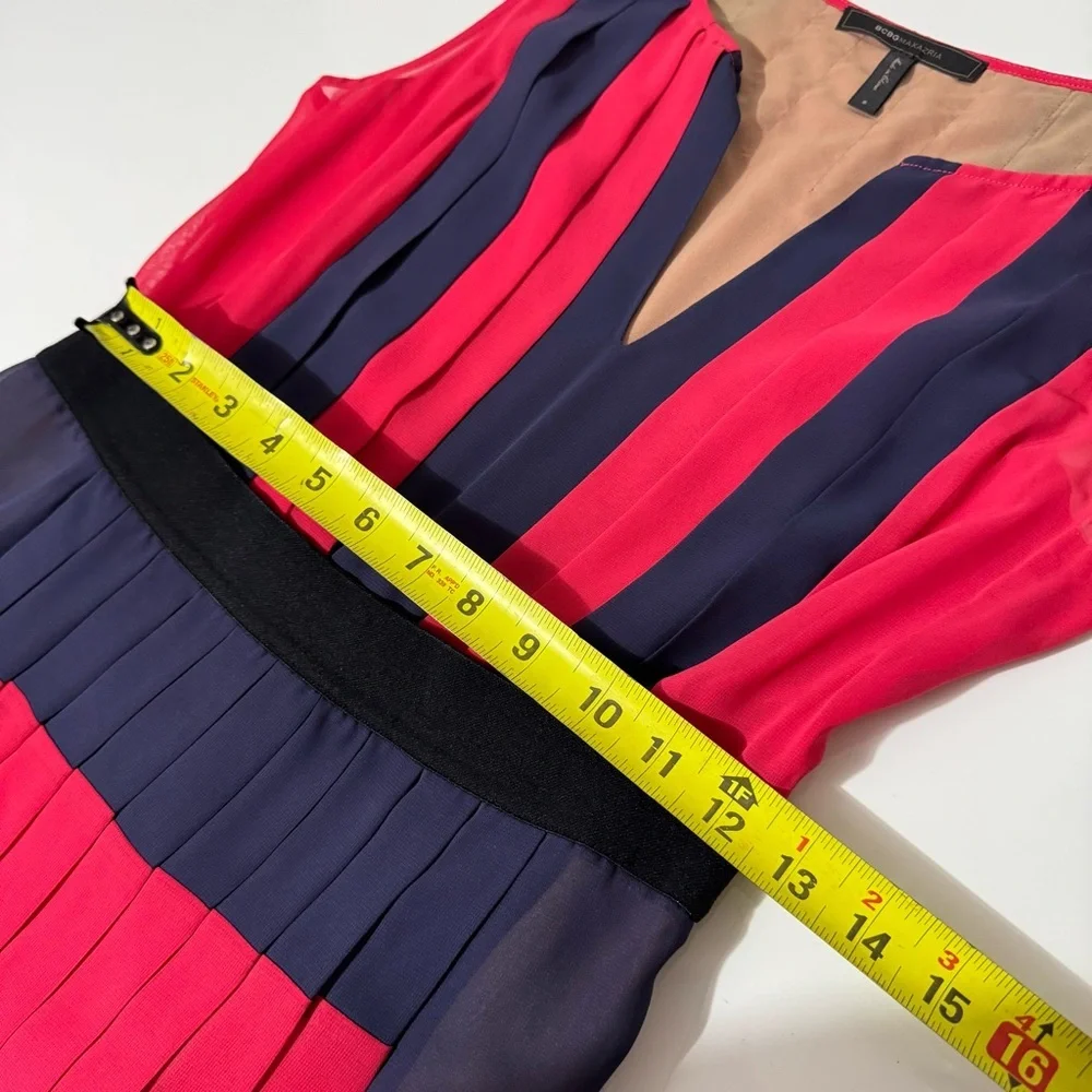 BCBGMaxAzria Red and Navy Pleated Colorblock Midi Dress size 6